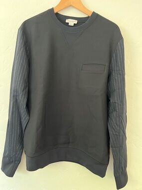 Alexander McQueen Men's Navy Crewneck Sweater with Pinstripe Sleeves